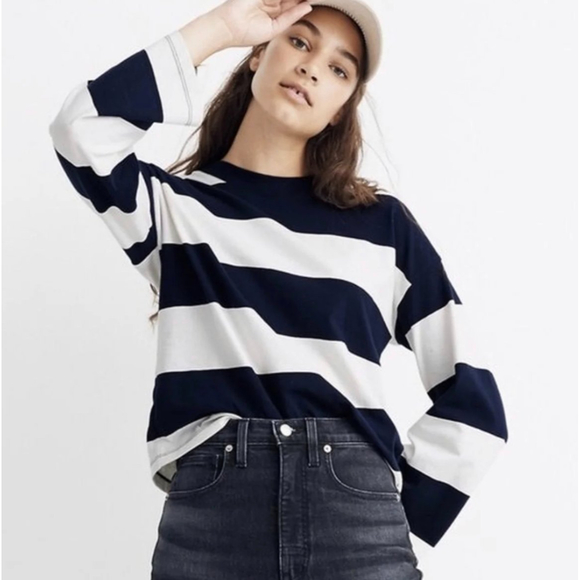 MADEWELL Striped Antique White Navy Blouse - Picture 1 of 5